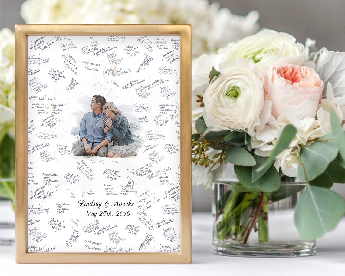 Personalized guest book. Take any picture and make a beautiful watercolor for your guests to sign. Your family and friends will sign with a “congratulations” and after your wedding day you can hang this awesome piece in your home. 10 years down the road, you will be able to look back with emotion on this piece and see/remember what your loved one’s wrote and felt on that special day! thequinnandcompany. www.quinnandcompany.com