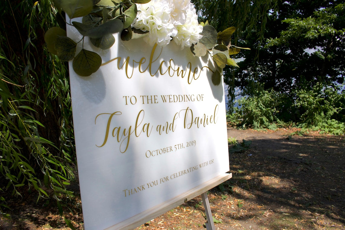 Acrylic Wedding sign. Customizable designs, fonts and dates for weddings, birthdays, bridal/baby showers, retirements or any other event you wish to celebrate. Place this sign at the entrance of your event to welcome your guests in style and simplicity. thequinnandcompany. www.thequinnandcompany.com.