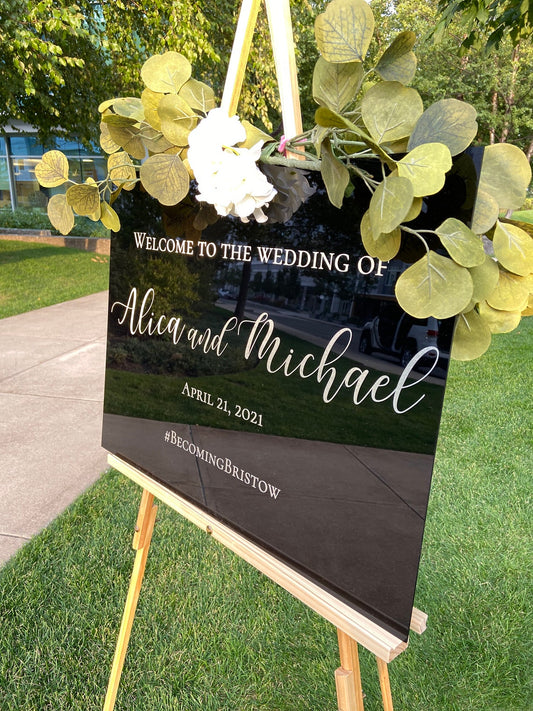 Acrylic event welcome sign. Customizable designs, fonts and dates for weddings, birthdays, bridal/baby showers, retirements or any other event you wish to celebrate. Place this sign at the entrance of your event to welcome your guests in style and simplicity. thequinnandcompany. www.thequinnandcompany.com.