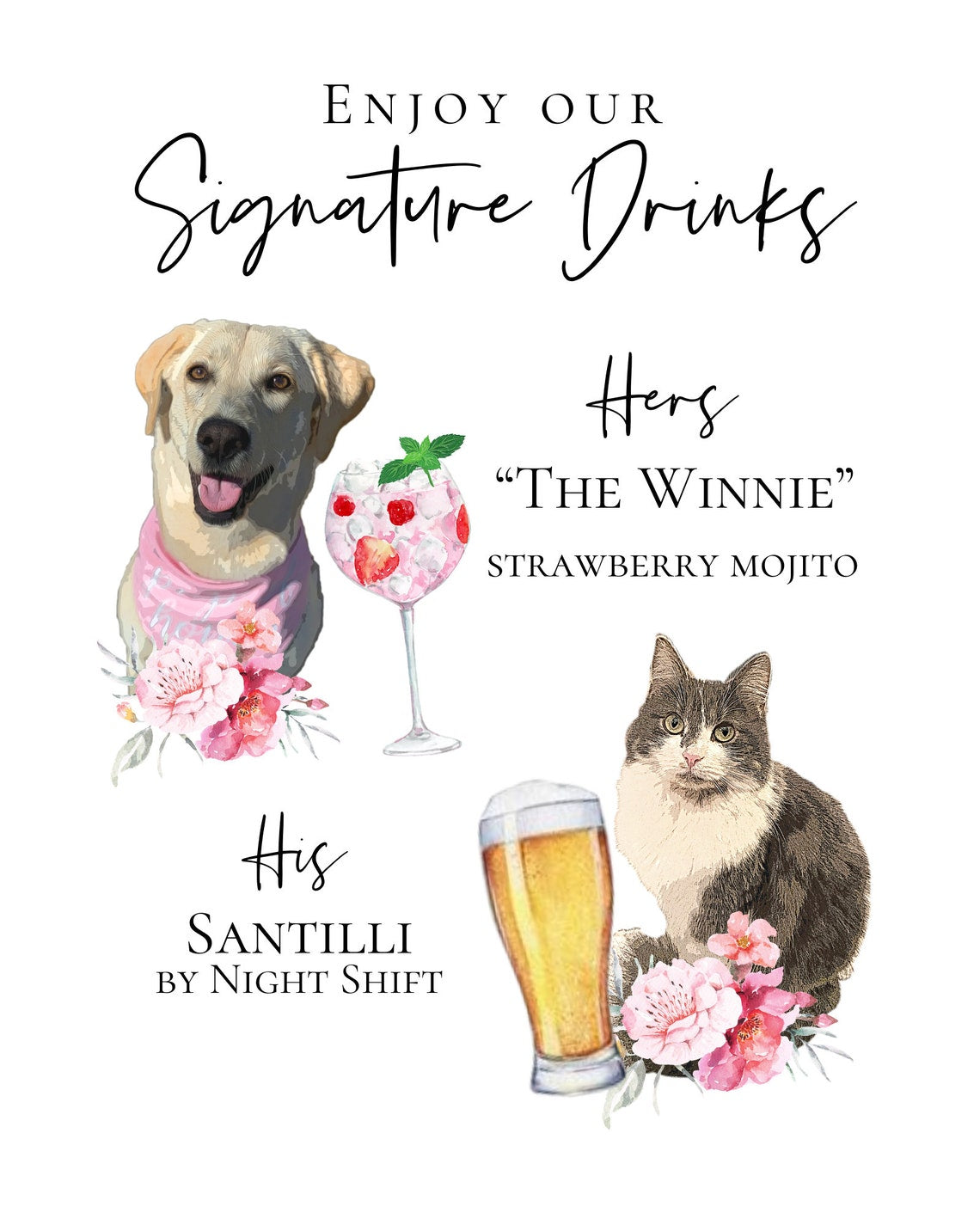 Signature cocktail sign featuring watercolor photos of your pets. Customizable for any event, this sign fits perfectly on or near the bar to creatively and playfully inform guests of available drink menu. thequinnandcompany, www.thequinnandcompany.com