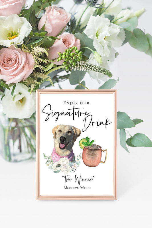 Signature cocktail sign featuring watercolor photos of your pets. Customizable for any event, this sign fits perfectly on or near the bar to creatively and playfully inform guests of available drink menu. thequinnandcompany, www.thequinnandcompany.com