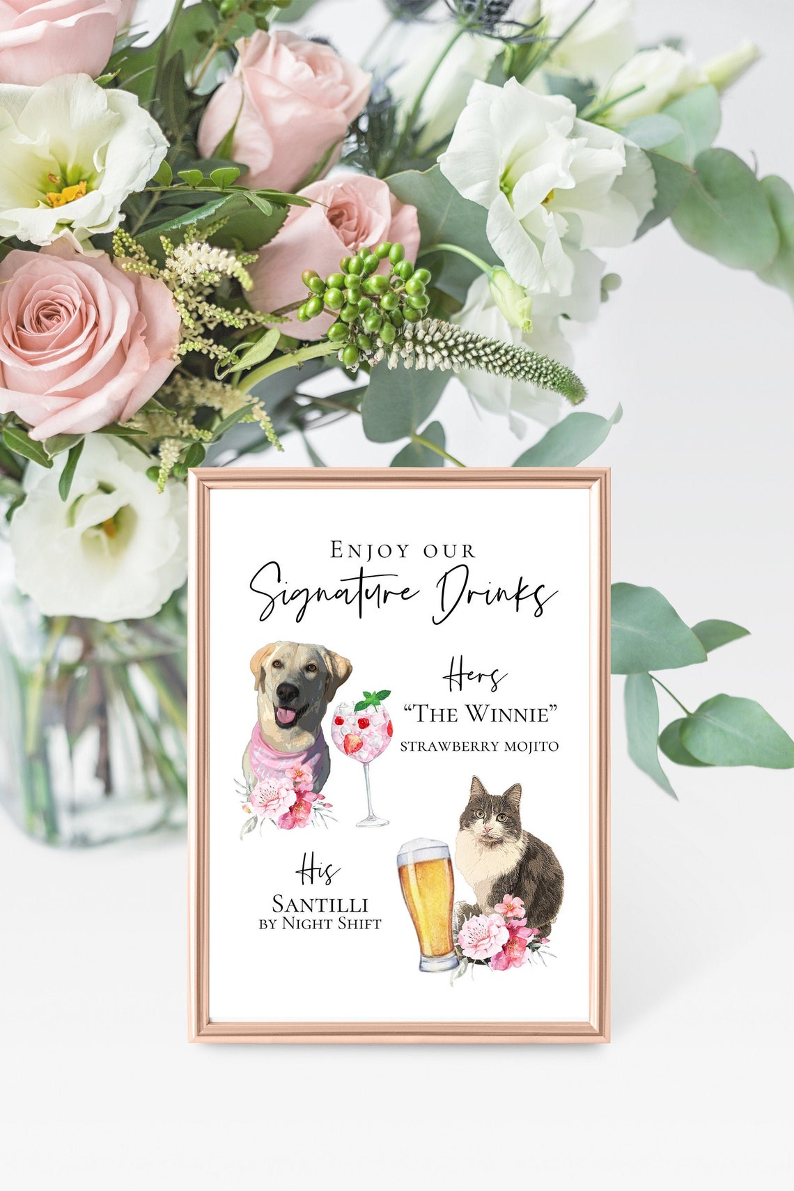 Signature cocktail sign featuring watercolor photos of your pets. Customizable for any event, this sign fits perfectly on or near the bar to creatively and playfully inform guests of available drink menu. thequinnandcompany, www.thequinnandcompany.com