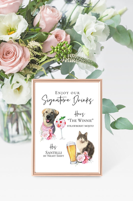Signature cocktail sign featuring watercolor photos of your pets. Customizable for any event, this sign fits perfectly on or near the bar to creatively and playfully inform guests of available drink menu. thequinnandcompany, www.thequinnandcompany.com
