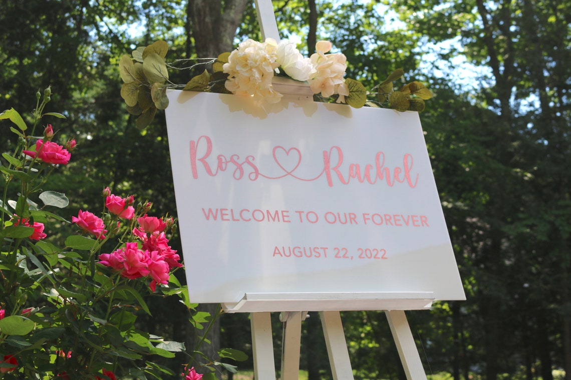 Acrylic Wedding sign. Customizable designs, fonts and dates for weddings, birthdays, bridal/baby showers, retirements or any other event you wish to celebrate. Place this sign at the entrance of your event to welcome your guests in style and simplicity. thequinnandcompany. www.thequinnandcompany.com.