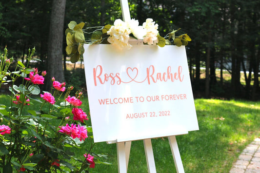 Acrylic Wedding sign. Customizable designs, fonts and dates for weddings, birthdays, bridal/baby showers, retirements or any other event you wish to celebrate. Place this sign at the entrance of your event to welcome your guests in style and simplicity. thequinnandcompany. www.thequinnandcompany.com.