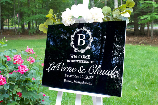 Acrylic event welcome sign. Customizable designs, fonts and dates for weddings, birthdays, bridal/baby showers, retirements or any other event you wish to celebrate. Place this sign at the entrance of your event to welcome your guests in style and simplicity. thequinnandcompany. www.thequinnandcompany.com.