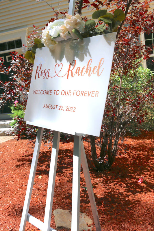 Acrylic Wedding sign. Customizable designs, fonts and dates for weddings, birthdays, bridal/baby showers, retirements or any other event you wish to celebrate. Place this sign at the entrance of your event to welcome your guests in style and simplicity. thequinnandcompany. www.thequinnandcompany.com.