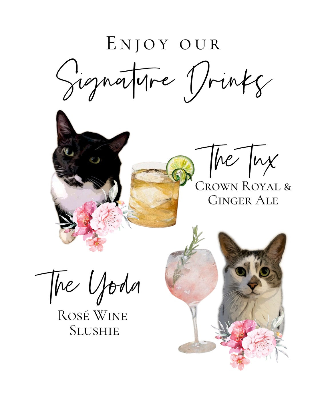 Signature cocktail sign featuring watercolor photos of your pets. Customizable for any event, this sign fits perfectly on or near the bar to creatively and playfully inform guests of available drink menu. thequinnandcompany, www.thequinnandcompany.com