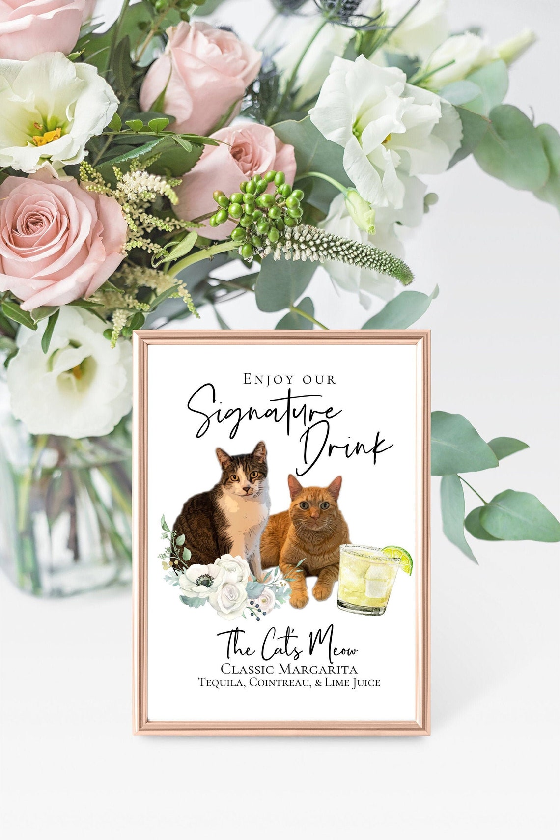 Signature cocktail sign featuring watercolor photos of your pets. Customizable for any event, this sign fits perfectly on or near the bar to creatively and playfully inform guests of available drink menu. thequinnandcompany, www.thequinnandcompany.com