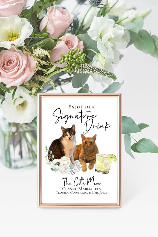 Signature cocktail sign featuring watercolor photos of your pets. Customizable for any event, this sign fits perfectly on or near the bar to creatively and playfully inform guests of available drink menu. thequinnandcompany, www.thequinnandcompany.com