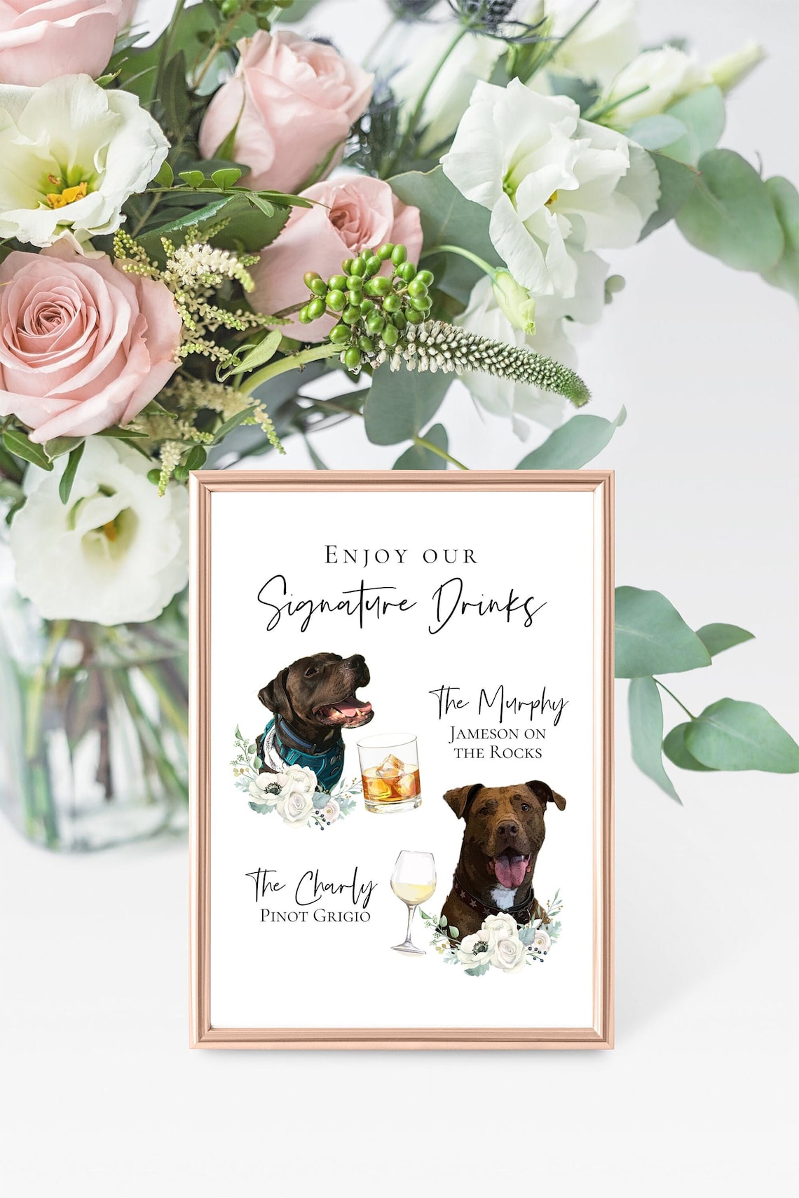 Signature cocktail sign featuring watercolor photos of your pets. Customizable for any event, this sign fits perfectly on or near the bar to creatively and playfully inform guests of available drink menu. thequinnandcompany, www.thequinnandcompany.com