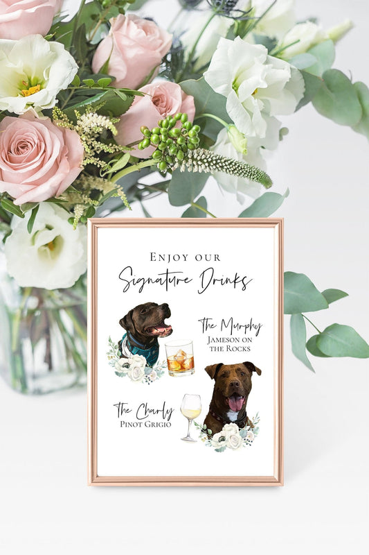 Signature cocktail sign featuring watercolor photos of your pets. Customizable for any event, this sign fits perfectly on or near the bar to creatively and playfully inform guests of available drink menu. thequinnandcompany, www.thequinnandcompany.com