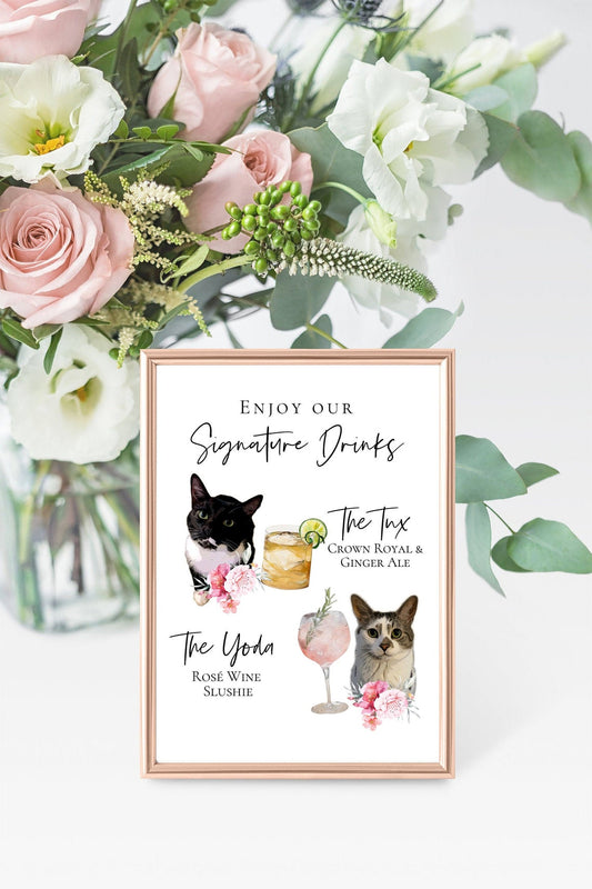 Signature cocktail sign featuring watercolor photos of your pets. Customizable for any event, this sign fits perfectly on or near the bar to creatively and playfully inform guests of available drink menu. thequinnandcompany, www.thequinnandcompany.com