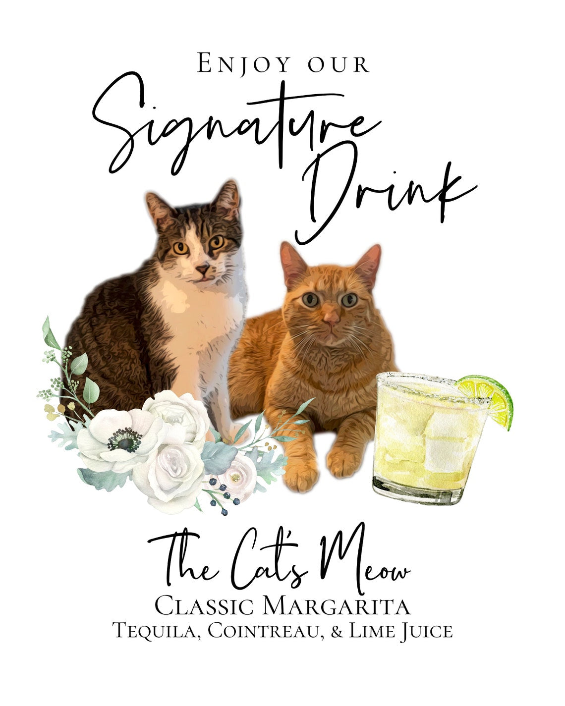 Signature cocktail sign featuring watercolor photos of your pets. Customizable for any event, this sign fits perfectly on or near the bar to creatively and playfully inform guests of available drink menu. thequinnandcompany, www.thequinnandcompany.com