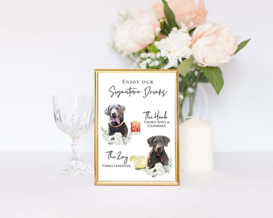 Signature cocktail sign featuring watercolor photos of your pets. Customizable for any event, this sign fits perfectly on or near the bar to creatively and playfully inform guests of available drink menu. thequinnandcompany, www.thequinnandcompany.com