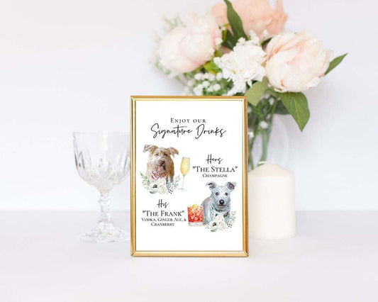 Signature cocktail sign featuring watercolor photos of your pets. Customizable for any event, this sign fits perfectly on or near the bar to creatively and playfully inform guests of available drink menu. thequinnandcompany, www.thequinnandcompany.com