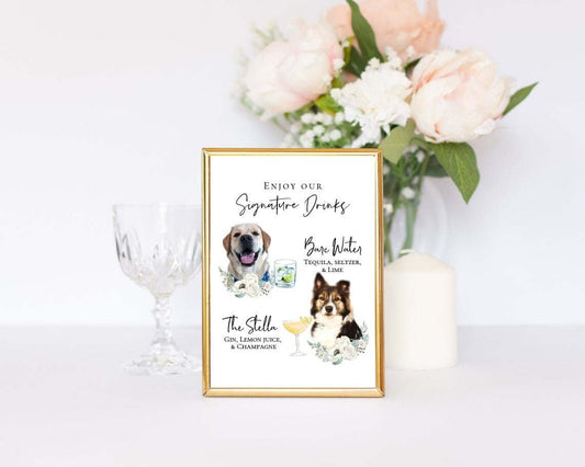 Signature cocktail sign featuring watercolor photos of your pets. Customizable for any event, this sign fits perfectly on or near the bar to creatively and playfully inform guests of available drink menu. thequinnandcompany, www.thequinnandcompany.com