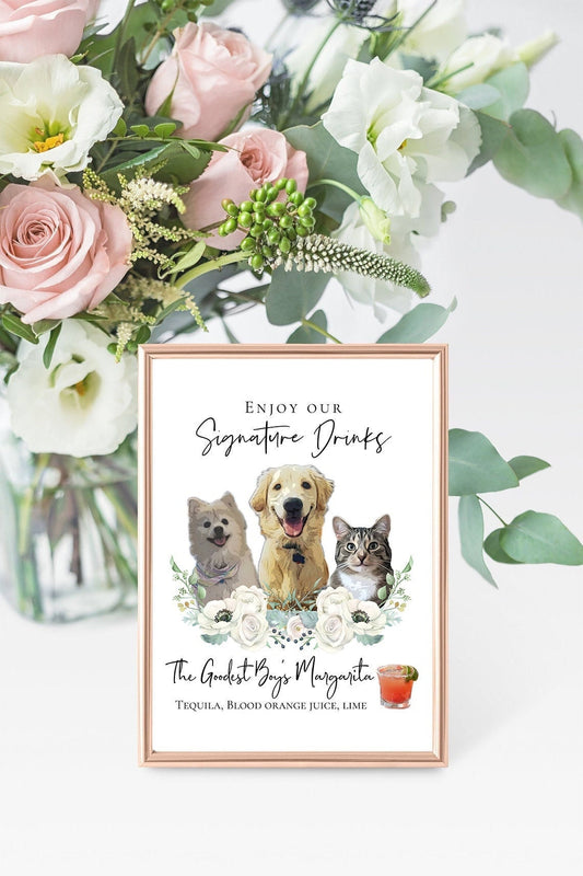 Signature cocktail sign featuring watercolor photos of your pets. Customizable for any event, this sign fits perfectly on or near the bar to creatively and playfully inform guests of available drink menu. thequinnandcompany, www.thequinnandcompany.com