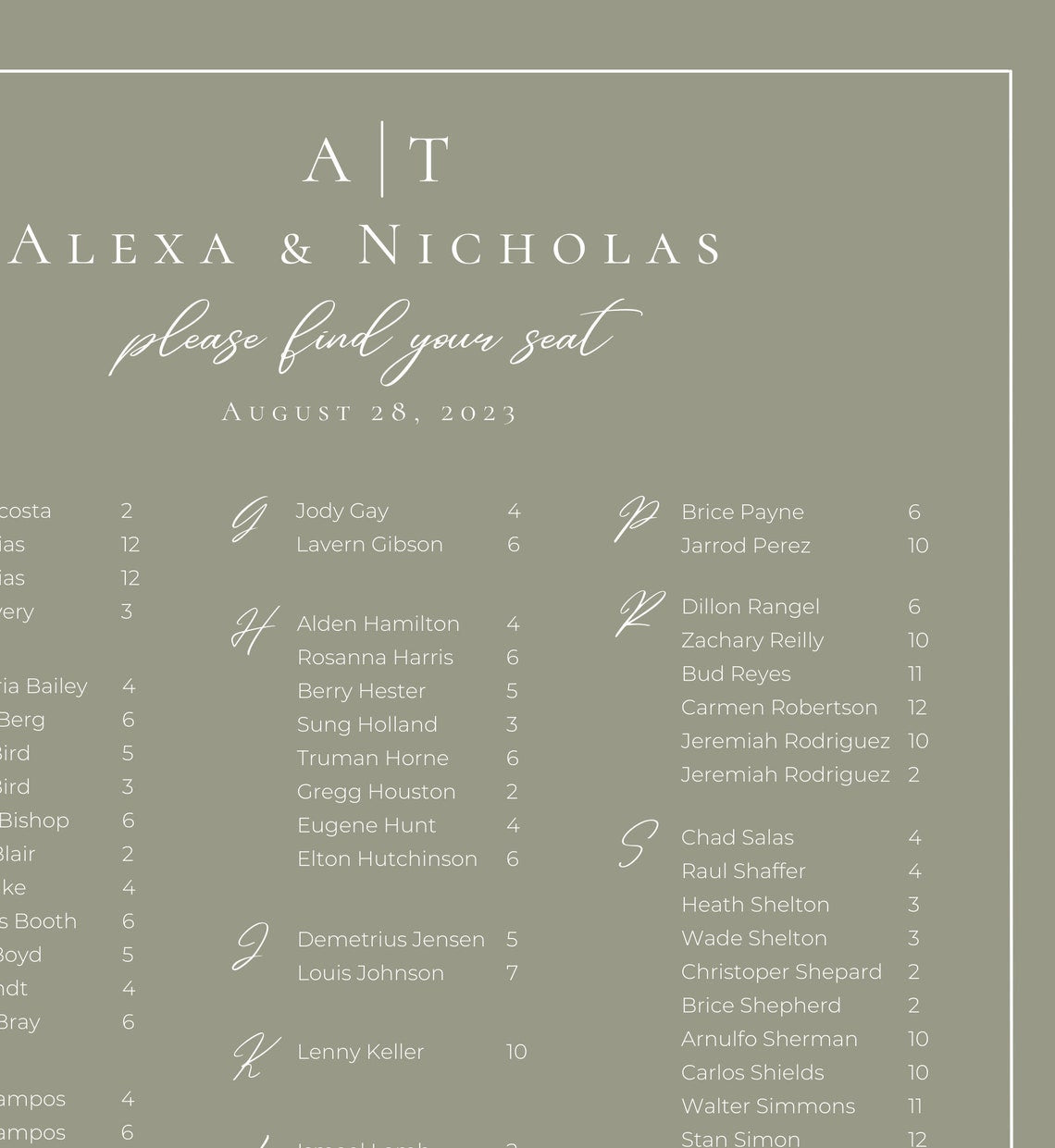 Alphabetical Downloadable Seating Chart. Customizable seating chart for your special event. Easy to download and design yourself. Crisp and clean color schemes with various font and layout formats. thequinnandcompany. www.thequinnandcompany.com