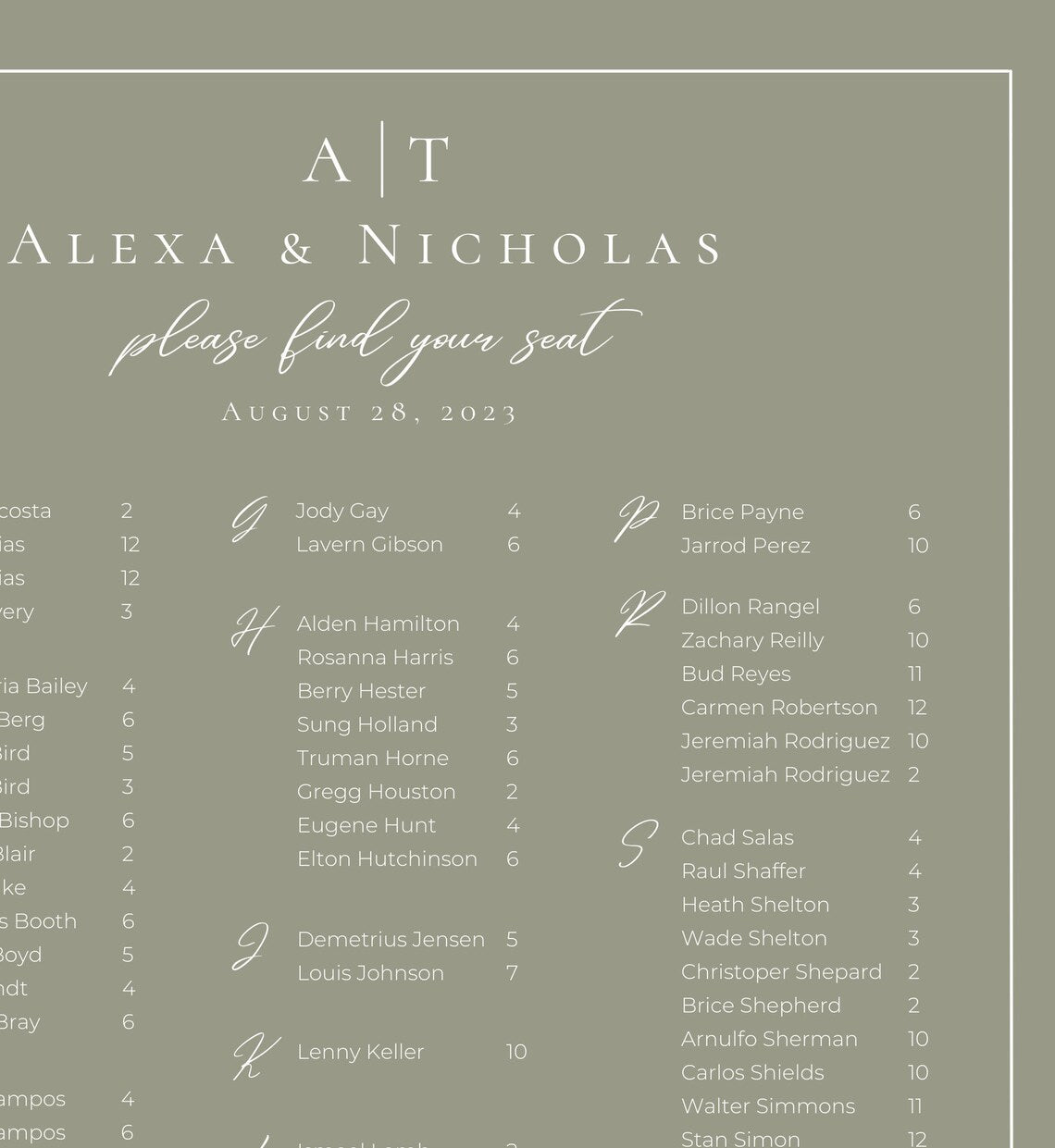 Alphabetical Downloadable Seating Chart. Customizable seating chart for your special event. Easy to download and design yourself. Crisp and clean color schemes with various font and layout formats. thequinnandcompany. www.thequinnandcompany.com
