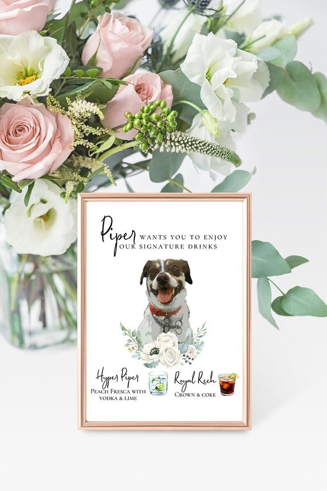 Signature cocktail sign featuring watercolor photos of your pets. Customizable for any event, this sign fits perfectly on or near the bar to creatively and playfully inform guests of available drink menu. thequinnandcompany, www.thequinnandcompany.com