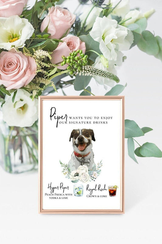 Signature cocktail sign featuring watercolor photos of your pets. Customizable for any event, this sign fits perfectly on or near the bar to creatively and playfully inform guests of available drink menu. thequinnandcompany, www.thequinnandcompany.com