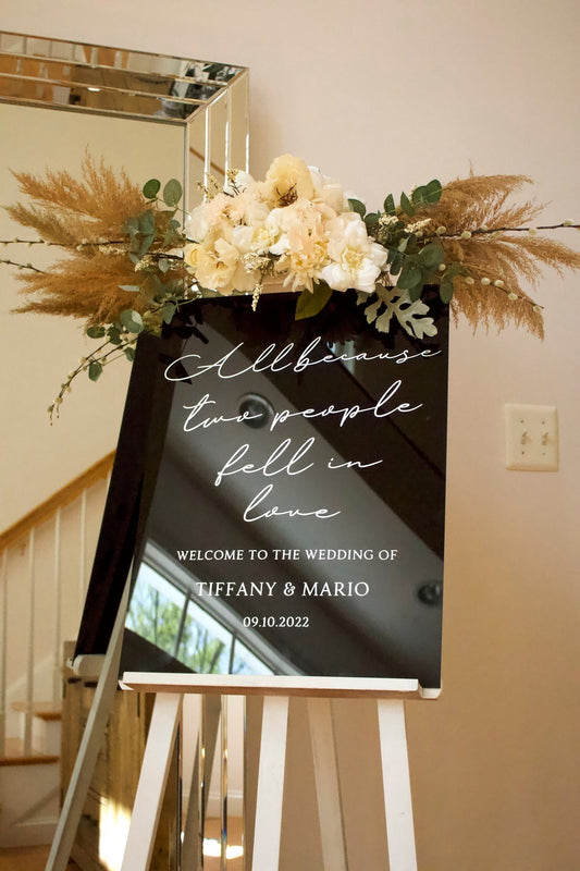 Acrylic event welcome sign. Customizable designs, fonts and dates for weddings, birthdays, bridal/baby showers, retirements or any other event you wish to celebrate. Place this sign at the entrance of your event to welcome your guests in style and simplicity. thequinnandcompany. www.thequinnandcompany.com.