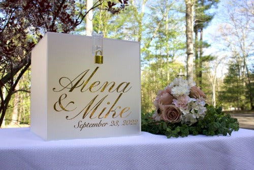Acrylic card box with lock and key. Customizable designs and fonts made to keep celebratory cards, money or event donations safe and accessible. Place this beautiful card box anywhere your guests gather. thequinnandcompany www.thequinnandcompany.com