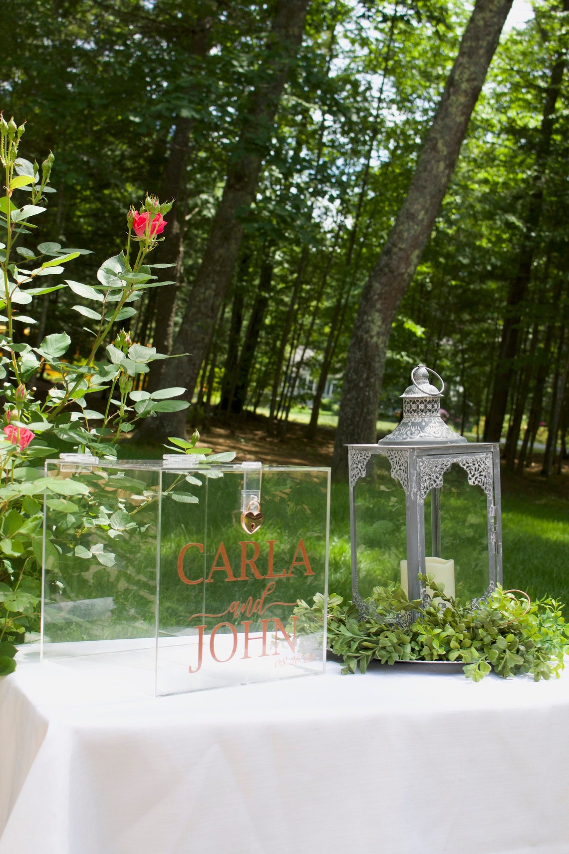 Acrylic card box with lock and key. Customizable designs and fonts made to keep celebratory cards, money or event donations safe and accessible. Place this beautiful card box anywhere your guests gather. thequinnandcompany www.thequinnandcompany.com