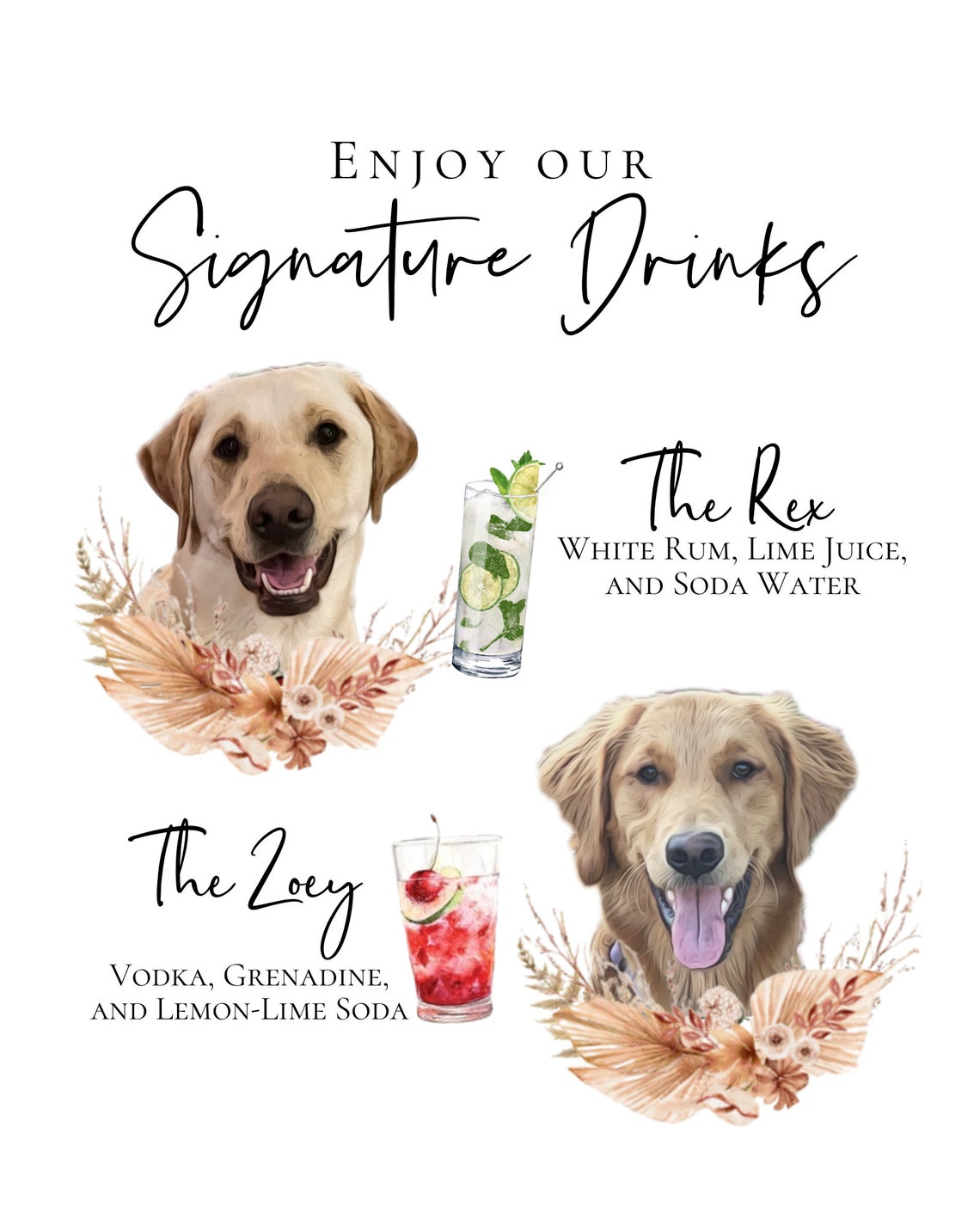 Signature cocktail sign featuring watercolor photos of your pets. Customizable for any event, this sign fits perfectly on or near the bar to creatively and playfully inform guests of available drink menu. thequinnandcompany, www.thequinnandcompany.com