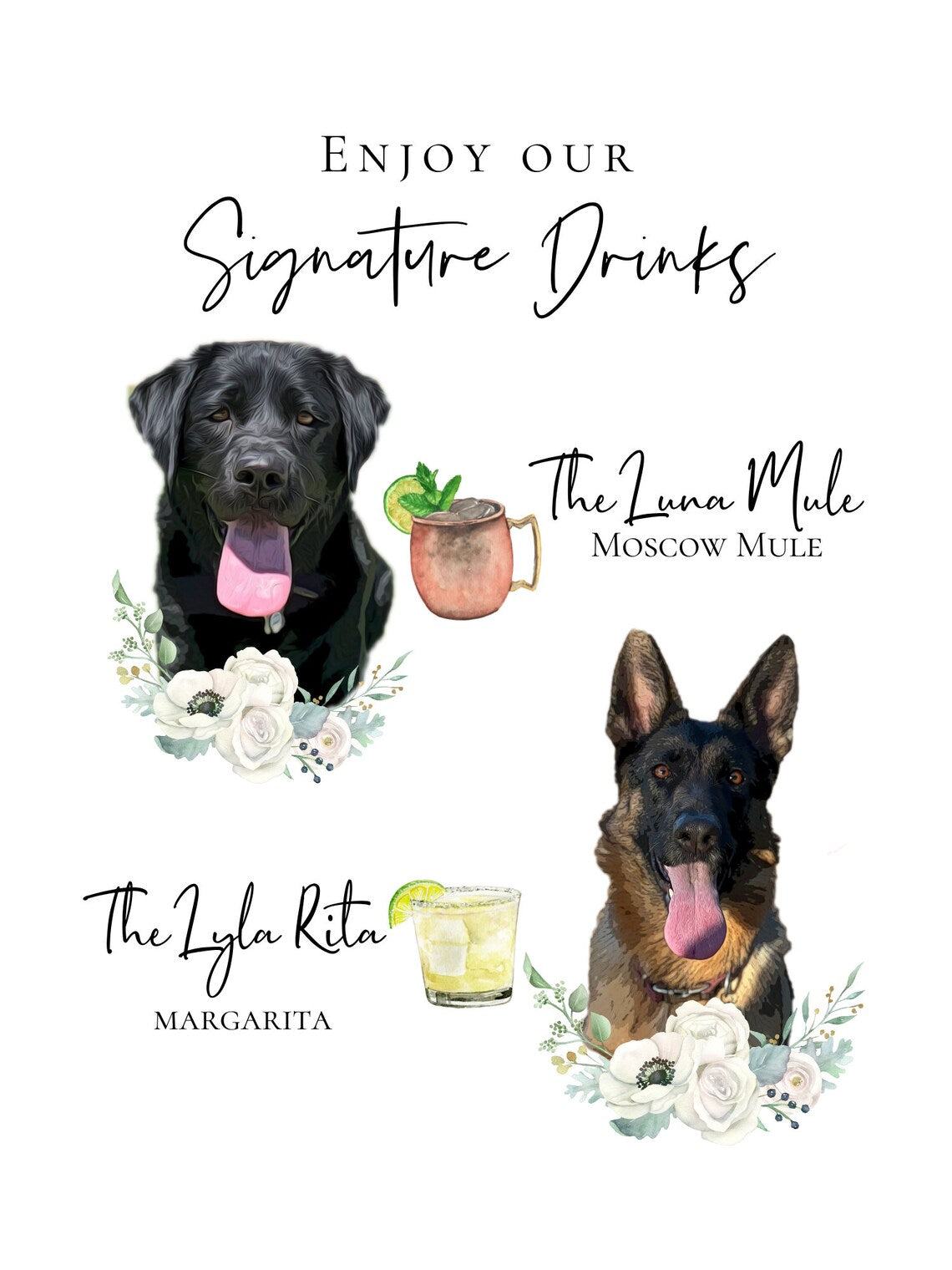 Signature cocktail sign featuring watercolor photos of your pets. Customizable for any event, this sign fits perfectly on or near the bar to creatively and playfully inform guests of available drink menu. thequinnandcompany, www.thequinnandcompany.com