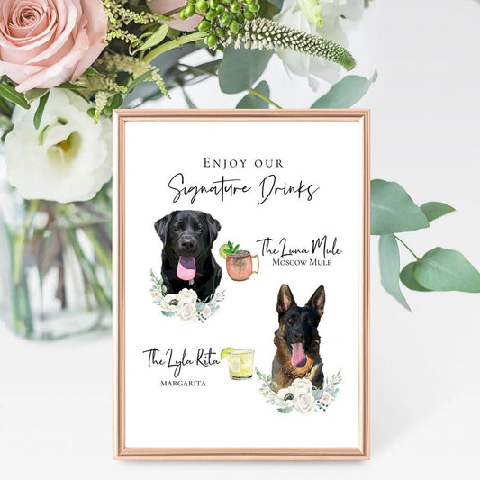 Signature cocktail sign featuring watercolor photos of your pets. Customizable for any event, this sign fits perfectly on or near the bar to creatively and playfully inform guests of available drink menu. thequinnandcompany, www.thequinnandcompany.com