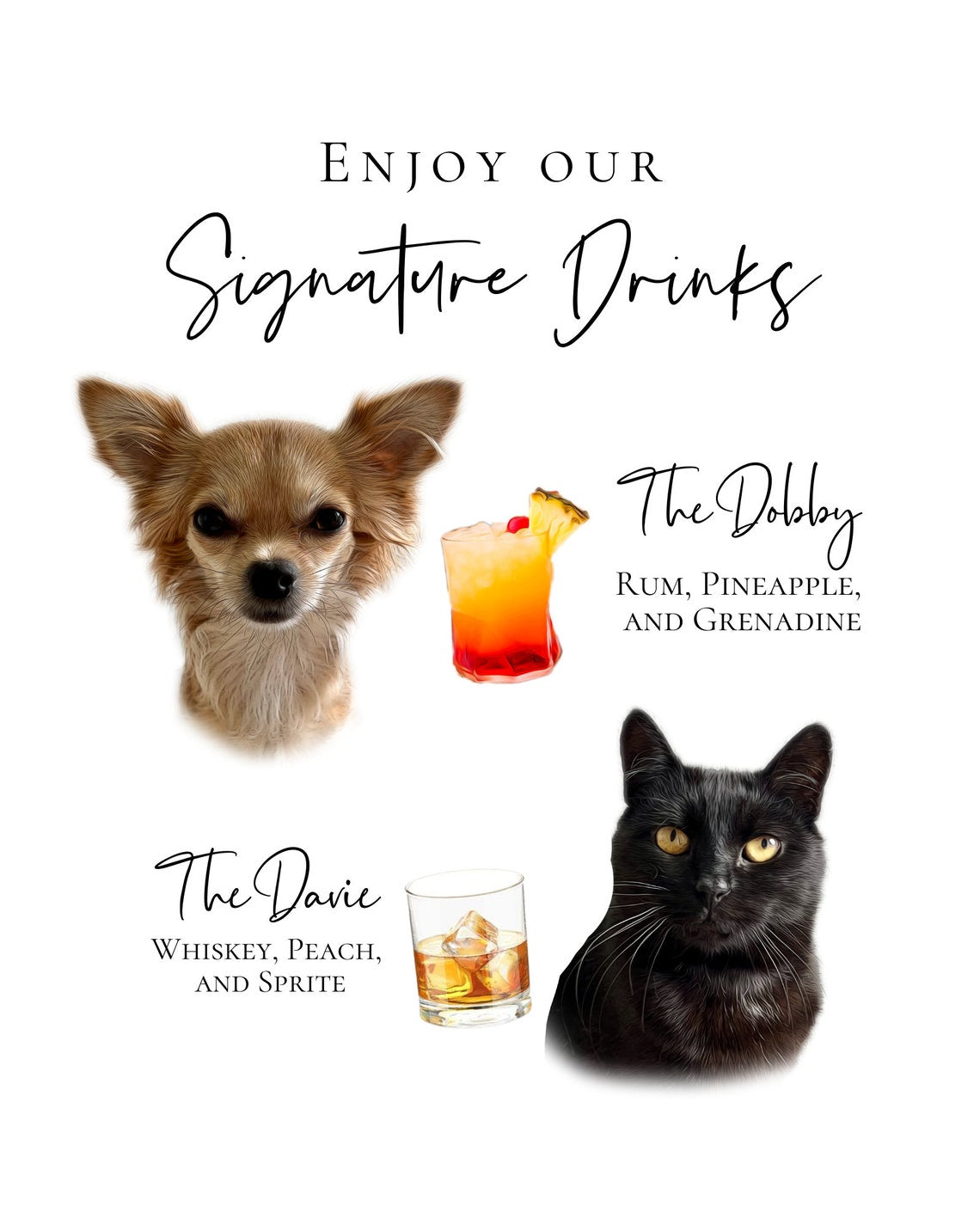 Signature cocktail sign featuring watercolor photos of your pets. Customizable for any event, this sign fits perfectly on or near the bar to creatively and playfully inform guests of available drink menu. thequinnandcompany, www.thequinnandcompany.com