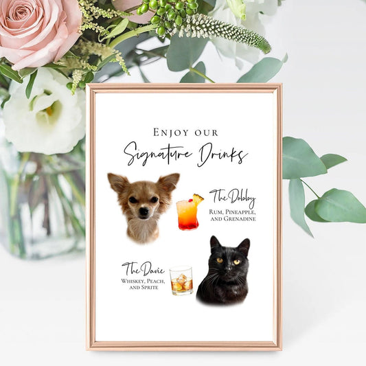 Signature cocktail sign featuring watercolor photos of your pets. Customizable for any event, this sign fits perfectly on or near the bar to creatively and playfully inform guests of available drink menu. thequinnandcompany, www.thequinnandcompany.com