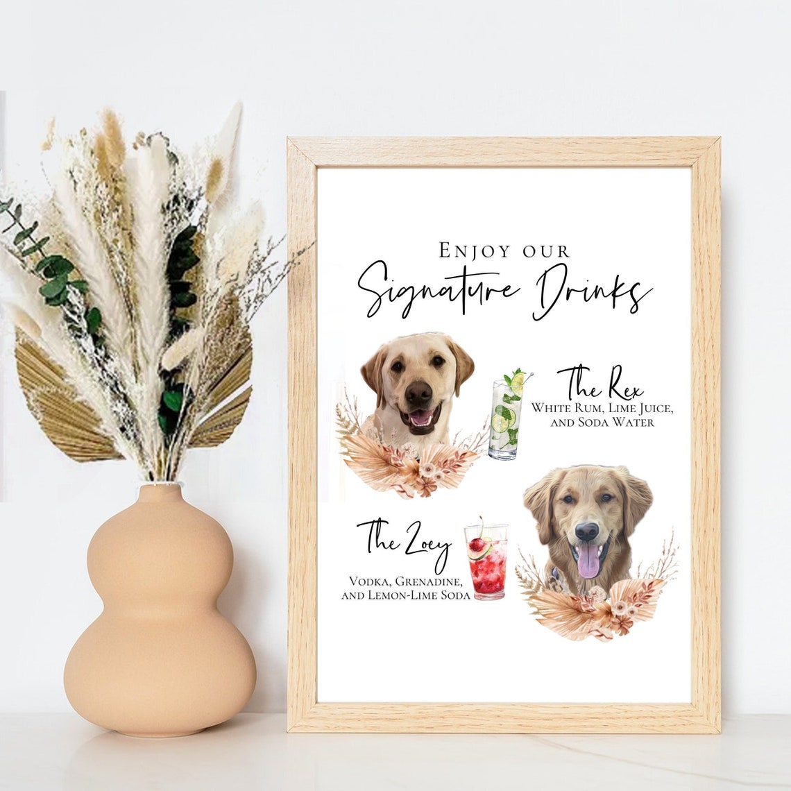 Signature cocktail sign featuring watercolor photos of your pets. Customizable for any event, this sign fits perfectly on or near the bar to creatively and playfully inform guests of available drink menu. thequinnandcompany, www.thequinnandcompany.com