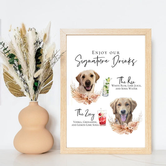 Signature cocktail sign featuring watercolor photos of your pets. Customizable for any event, this sign fits perfectly on or near the bar to creatively and playfully inform guests of available drink menu. thequinnandcompany, www.thequinnandcompany.com
