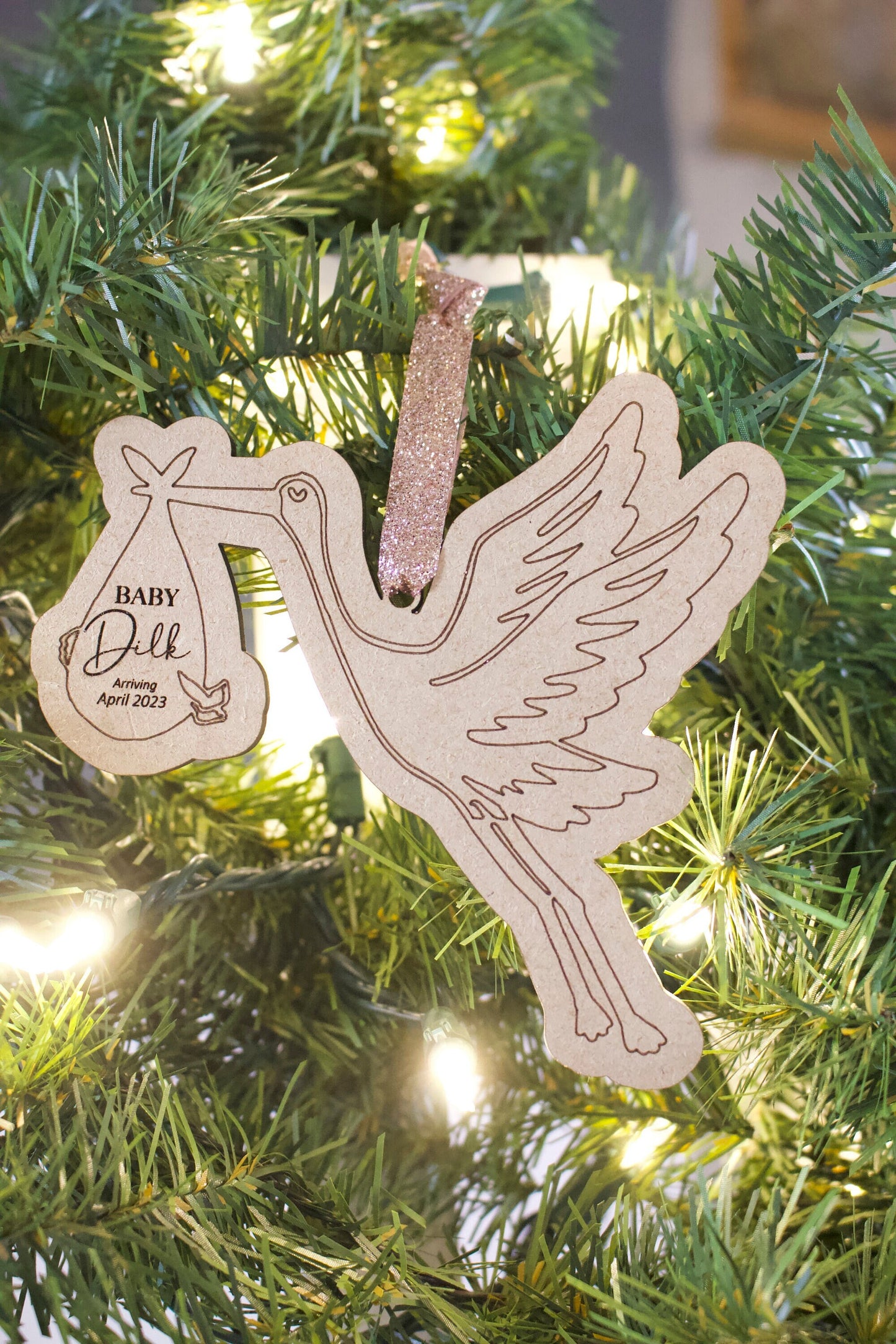 Stork Personalized Expecting Baby Coming Soon Natural Ornament Neutral Girl Boy Surprise Gender Wooden Laser Cut Engraved Baby Announcement