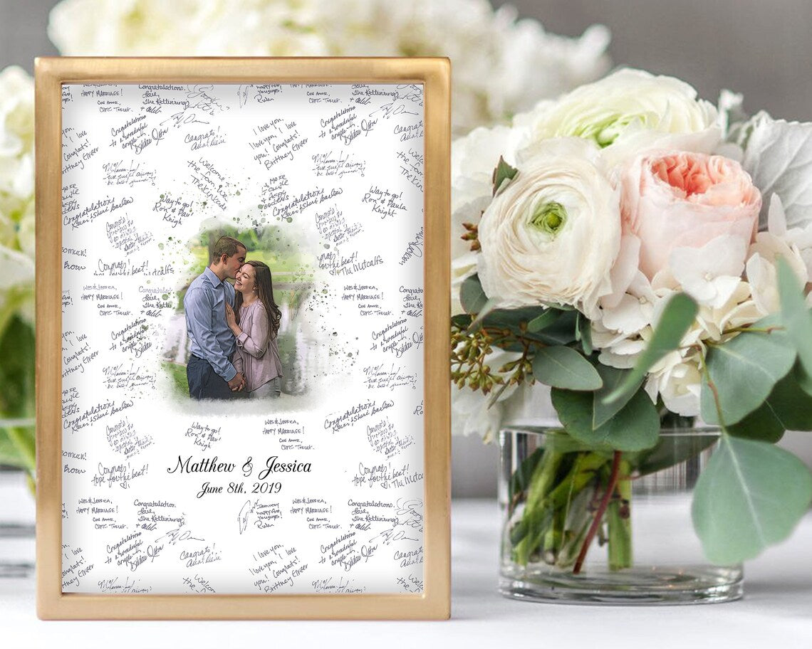 Personalized guest book. Take any picture and make a beautiful watercolor for your guests to sign. Your family and friends will sign with a “congratulations” and after your wedding day you can hang this awesome piece in your home. 10 years down the road, you will be able to look back with emotion on this piece and see/remember what your loved one’s wrote and felt on that special day! thequinnandcompany. www.quinnandcompany.com