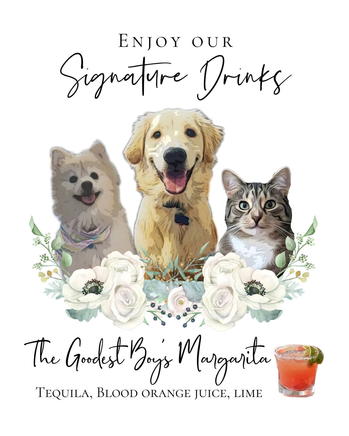 Signature cocktail sign featuring watercolor photos of your pets. Customizable for any event, this sign fits perfectly on or near the bar to creatively and playfully inform guests of available drink menu. thequinnandcompany, www.thequinnandcompany.com