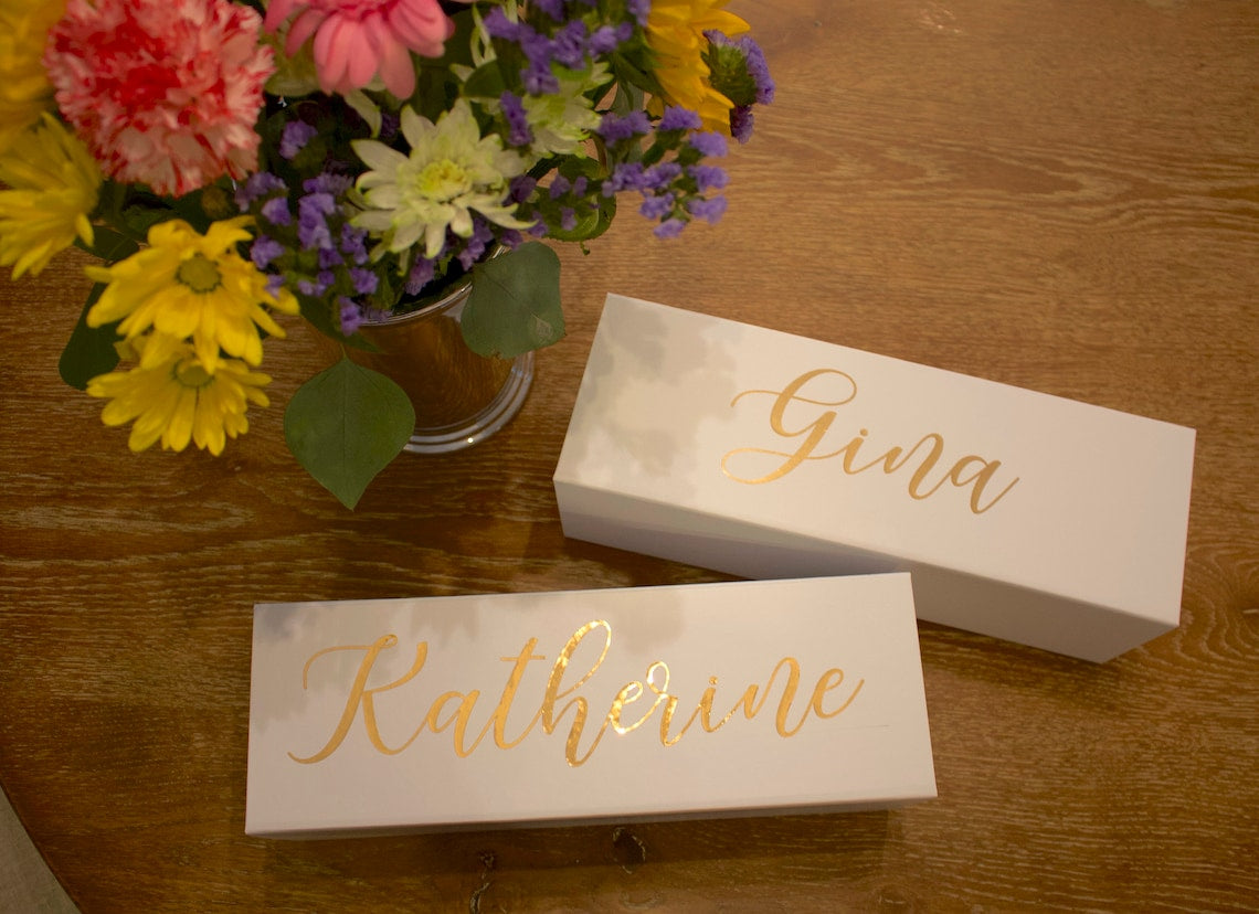 Bridesmaid Proposal Box. Personalized gift box for bridesmaids and/or groomsmen. These boxes come in black or white with your choice of vinyl color lettering and they close magnetically. Box is empty and ready to be filled with your own gifts and goodies for the special people in your life! thequinnandcompany. www.quinnandcompany.com