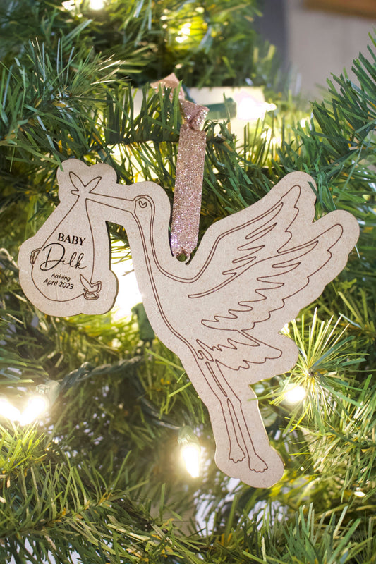 Stork Personalized Expecting Baby Coming Soon Natural Ornament Neutral Girl Boy Surprise Gender Wooden Laser Cut Engraved Baby Announcement